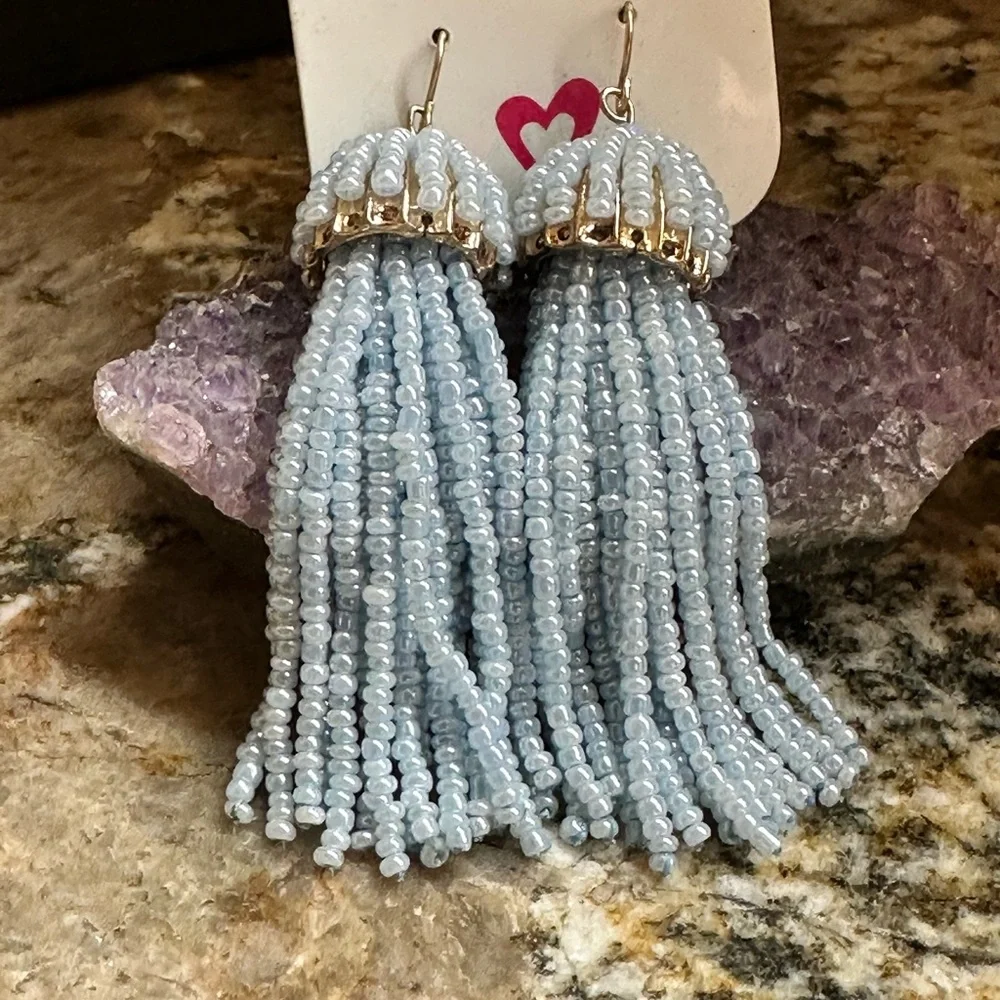 Gold Blue Bead Tassel Dangle Earrings - Picture 3 of 9